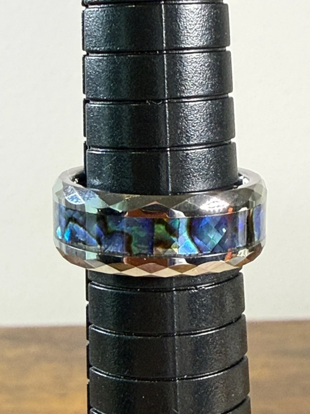 Tungsten Ring with Blue-Green Abalone Inlay, Size 7.75”
